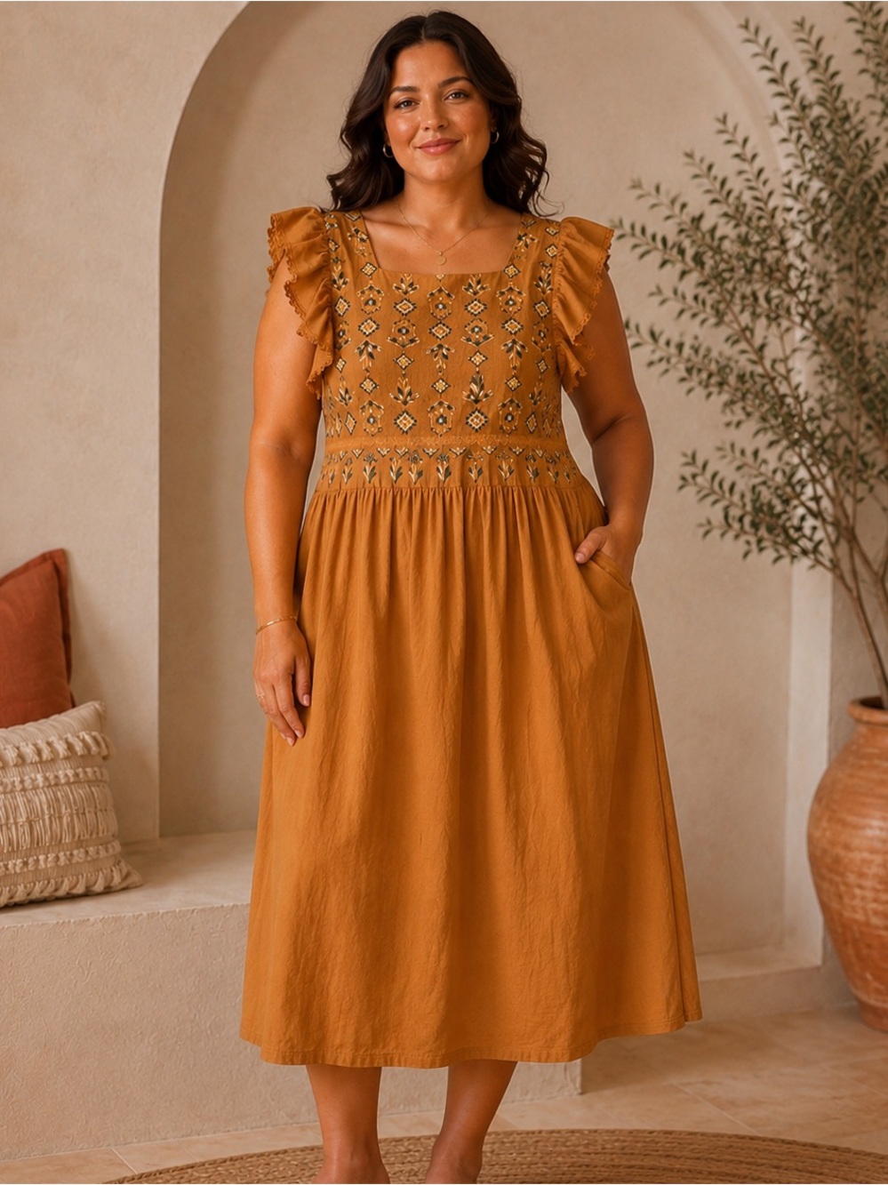 Davey & Danny NWT Embroidered Ruffle Sleeve Boho Midi Dress Mustard